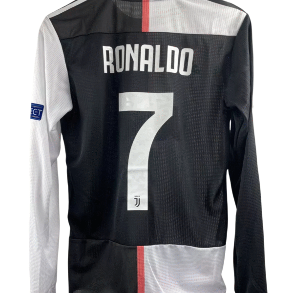 2019-20 Cristiano Ronaldo #7 Juventus Home Retro Player Version Soccer Jersey with UCL Patch - Long Sleeve